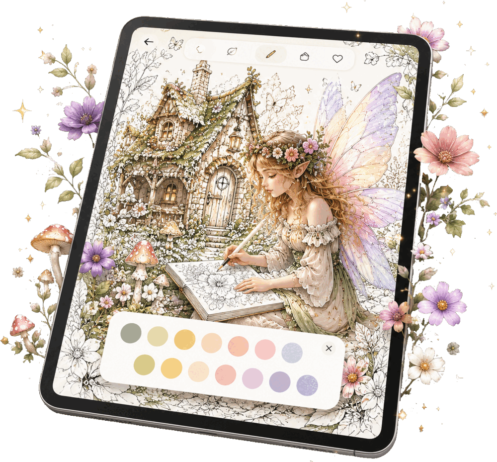 iPad showing Faerie Paint app with watercolour painting of a fairy